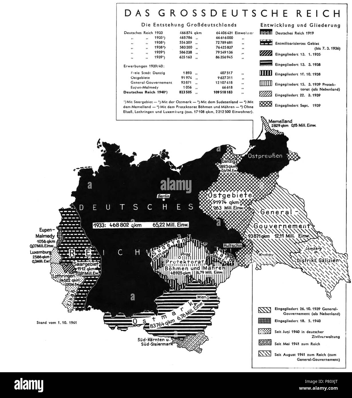 Inglese: una sezione della pagina 7 del 'Soldaten Atlas" pubblicato dall'OKH durante la seconda guerra mondiale (questa edizione 1941). Non venduti al pubblico o utilizzati al di fuori dei militari. 1941 102 Grossdeutsche Das Reich Foto Stock