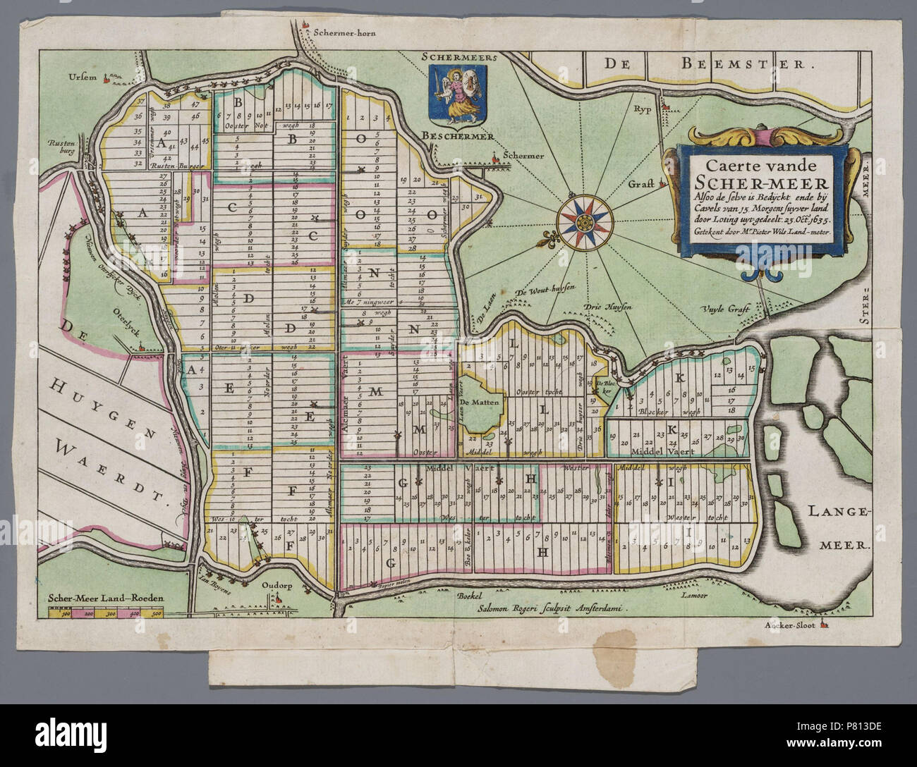 "Caerte van de csrsa-Meer. Alsoo de selve è Bedijckt ende bij Cavels van 15. morgens suijver porta terra loting uijt-gedeelt 25 Ott 1635. Porta Getekent il Sig. Pieter Wils, terra-metro'. Langs de bovenrand in het midden Het Wapen van de Schermeer. Vervaardiger: Wils, Pieter Catalogusnummer: PR 1003192 . 5 aprile 2016, 16:13 342 Schermer 1635 (25650269603) Foto Stock