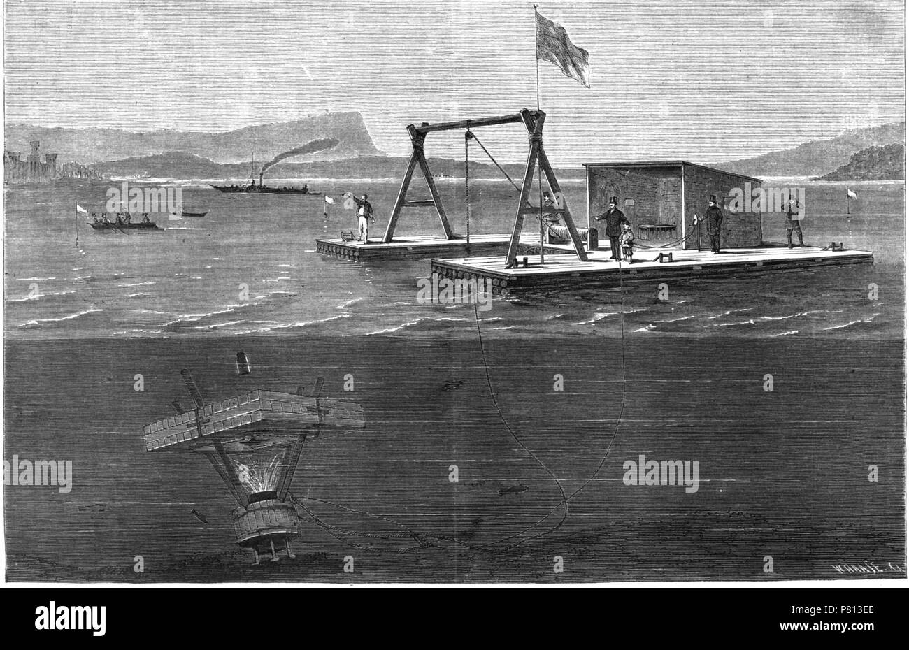 342 Schießversuch unter Wasser un Starnberger See (GL 1867-1 S 333 W Haase n Zeichn W Bauer) Foto Stock