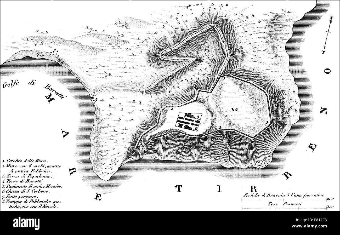 Italiano: Immagine dal libro Storia degli antichi popoli italiani - Pianta di Populonia . 1836 356 Storia degli antichi popoli italiani - Vol. I p 403 Foto Stock