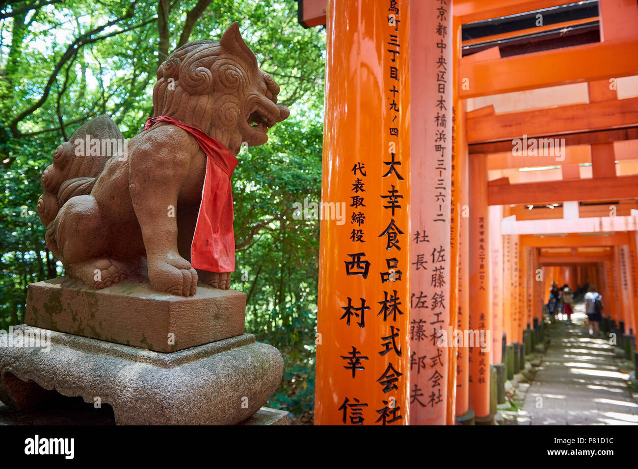 Komainu lion-dog con Senbon Torii Cancelli Rossi in Fushimi Inari Shrine in Kyoto, Giappone. Il personaggio mitologico è creduto per allontanare gli spiriti maligni. Foto Stock