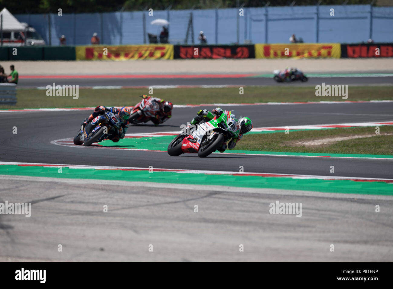 Misano, Italia. 07 Luglio, 2018. 12 Xavi Fores ESP Ducati Panigale R Barni Racing Team durante il Motul FIM Superbike Championship - Round Italiano Superpole gara durante il Campionato del Mondo Superbike - Circuito PIRELLI Riviera di Rimini Round, 6 - 8 luglio 2018 sul circuito di Misano, Italia. Credito: Fabio Averna/Pacific Press/Alamy Live News Foto Stock