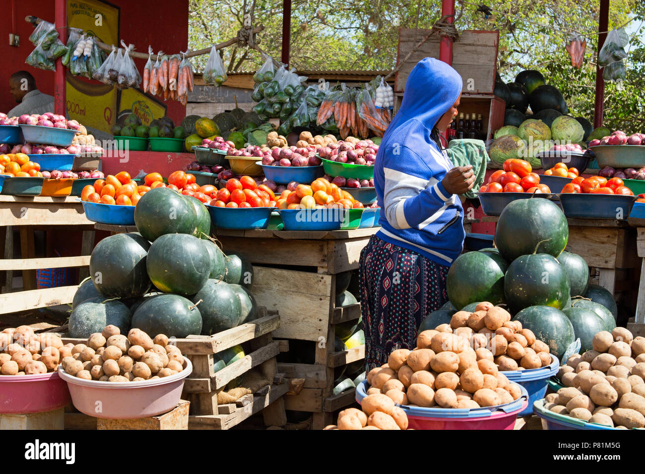 Venditore ambulante, venditori ambulanti, Strada mercato di frutta e verdura,, Ankole regione, Uganda, Africa orientale Foto Stock
