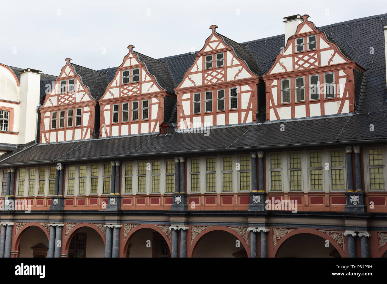 Il cortile e la torre a Weilburg Schloss castello. Weilburg an der Lahn, Germania Foto Stock
