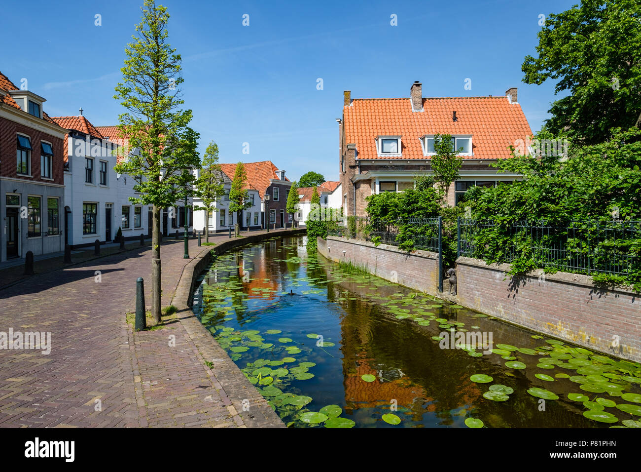 Un canale nel bellissimo centro storico del vecchio villaggio di maasland, Paesi Bassi. Foto Stock
