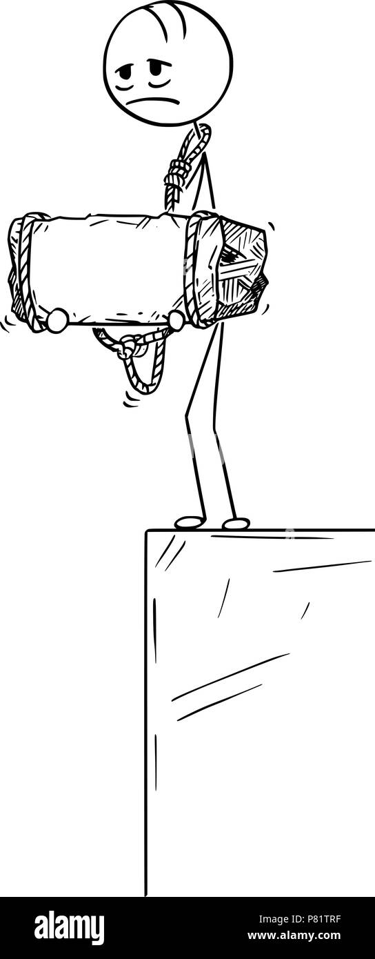 Cartoon della depressione dell'uomo in piedi sul bordo della pietra Azienda legata al suo collo Illustrazione Vettoriale