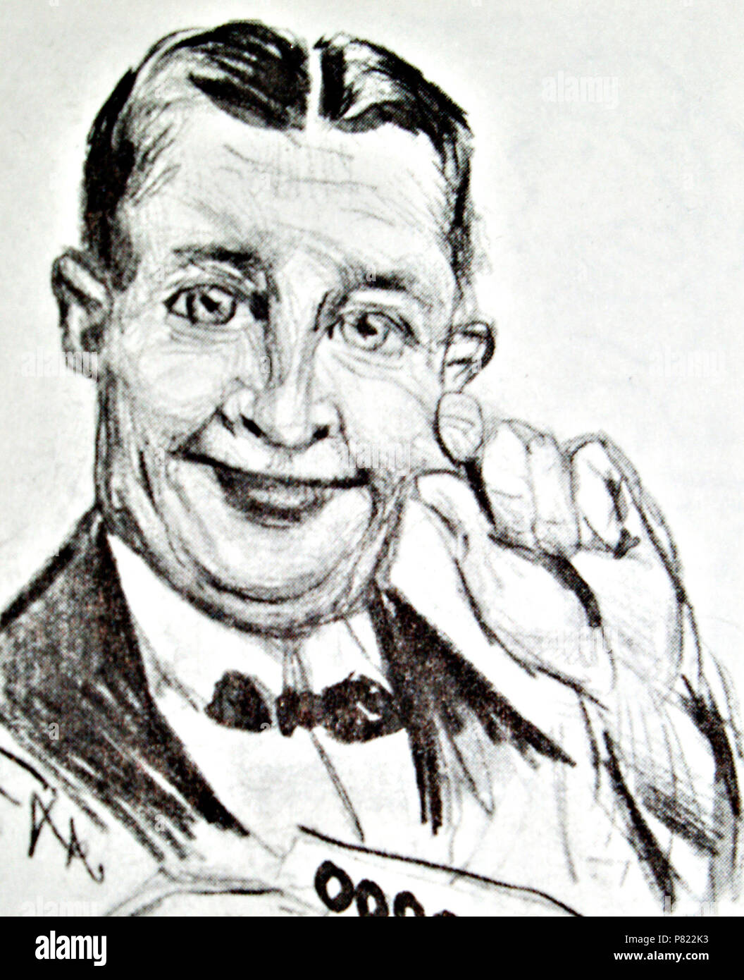 Inglese: Self-portrait di illustratore finlandese Alexander Tawitz, fotografato dal libro Olavi Järvi: Parhaat pilapiirtäjämme (1979), ISBN 951-30-4434-3, photo 2012 da Kotivalo . Disegno pre-1937; Halftone 1979; Fotografia 2012-01-22 17 Alexander Tawitz selfportrait Foto Stock