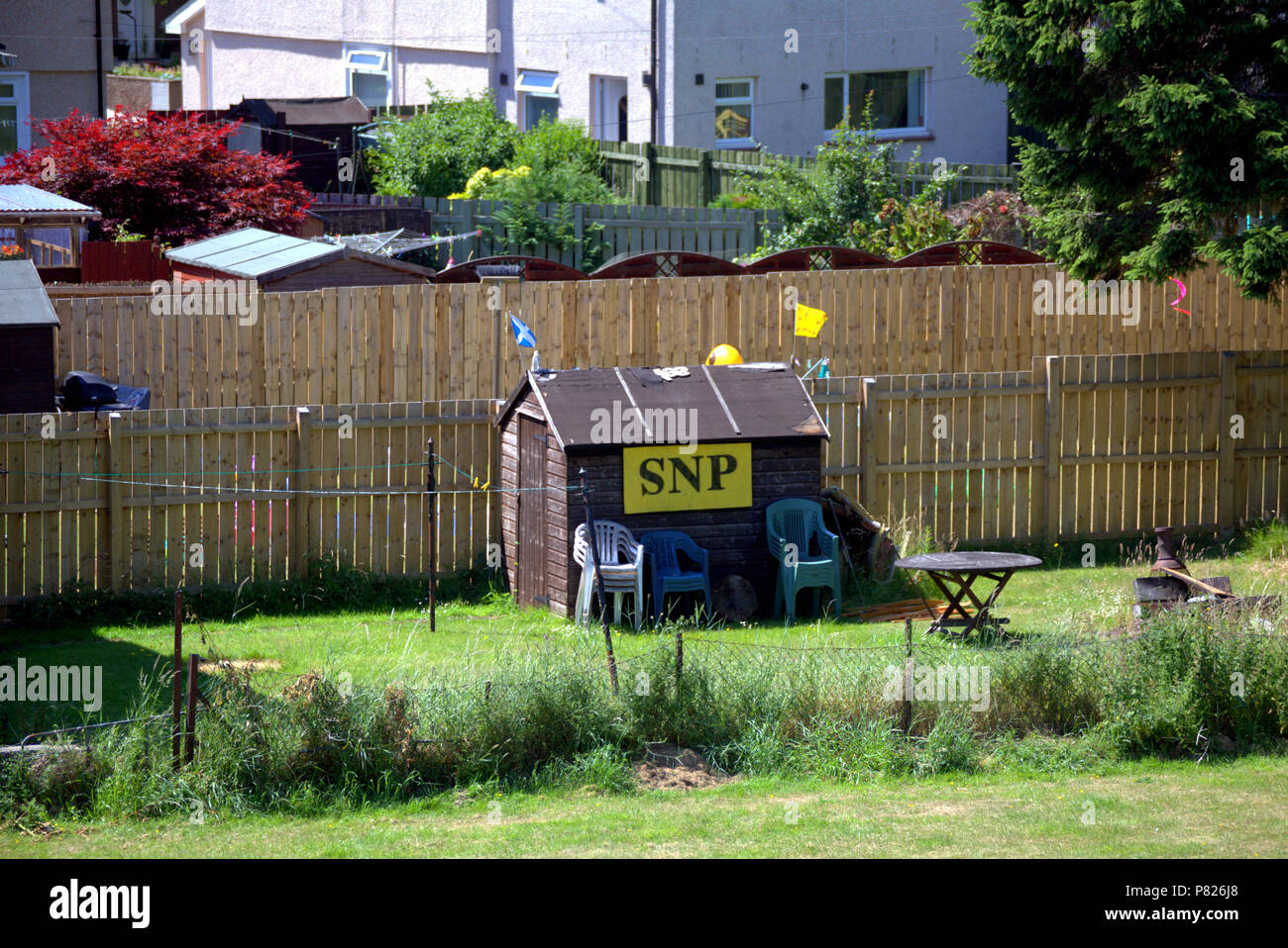 Suburban capannone nel giardino SNP politico partito nazionale scozzese si intraversa bandiera amd leone rampante politica backyard Foto Stock