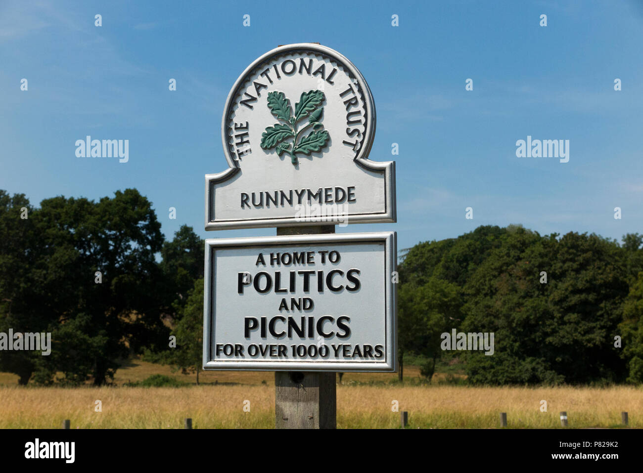 Il National Trust segno / segnaletica / post; Runnymede, Surrey. Regno Unito. Runnymede è stato il sito della firma della Magna Charta nell'anno 1215. (99) Foto Stock