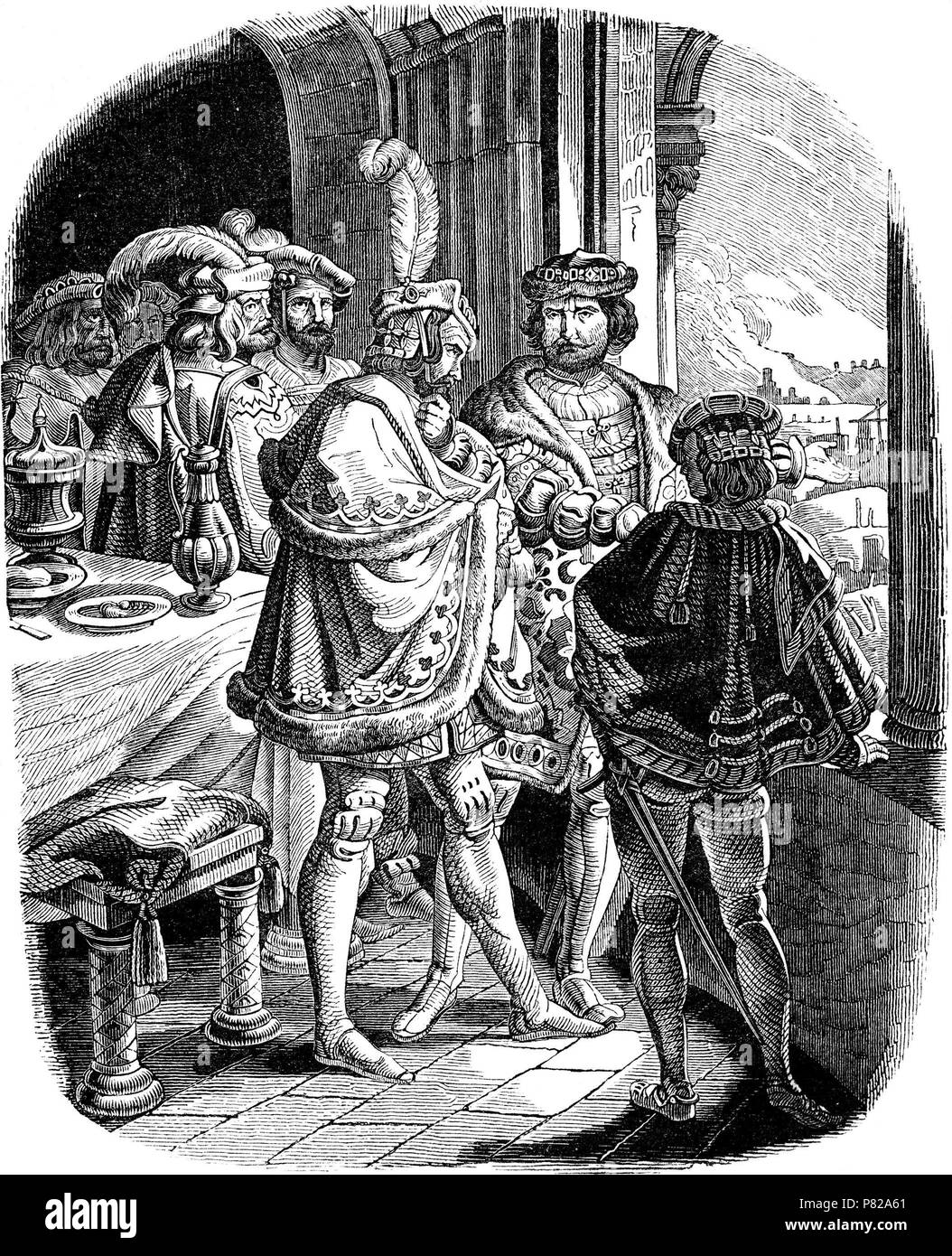 Frederick I' Cena al castello di Heidelberg 1462 (illustrazione dal "Geschichte des deutschen Volkes' da E. Duller). Museo: Collezione privata. Foto Stock