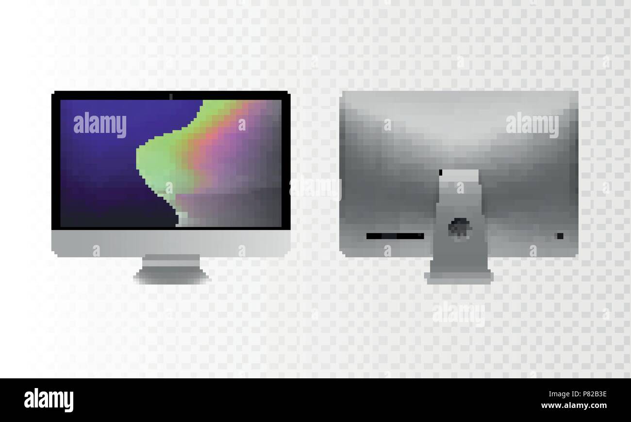 Stock illustrazione vettoriale set realistico personal computer desktop, PC. Moderno e il monitor a schermo piatto. Sul lato posteriore del display per computer isolati su uno sfondo trasparente. Sfondi sullo schermo. EPS10 Illustrazione Vettoriale