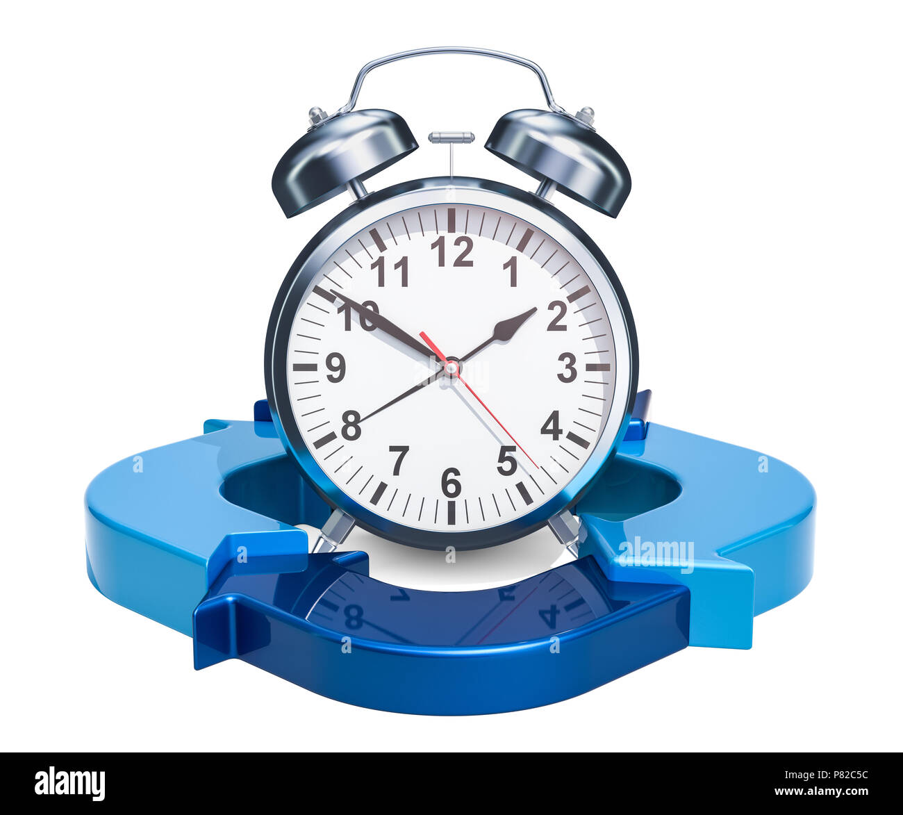 Orologio sveglia con le frecce blu. Gestione del tempo concetto, 3D rendering isolati su sfondo bianco Foto Stock