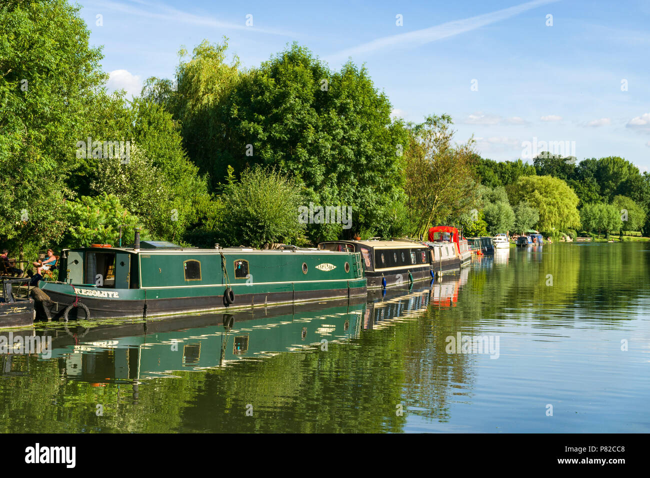 Diverse case narrowboat ormeggiato sul lato del fiume Cam su una soleggiata giornata estiva, Cambridge, Regno Unito Foto Stock