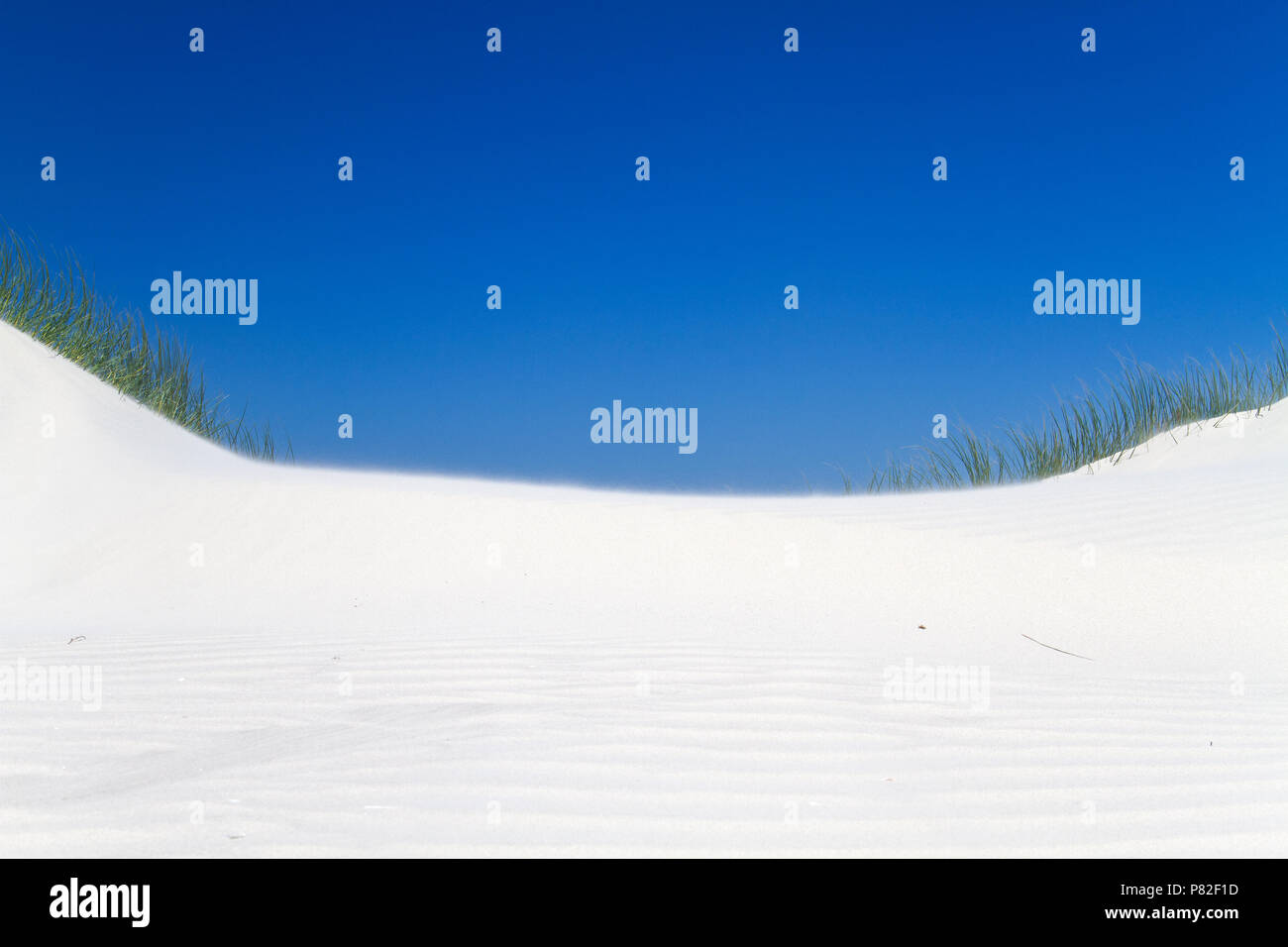 Dune cresciuto con Marram erba sotto un cielo blu, il vento soffiando sabbia sopra la parte superiore delle dune Foto Stock