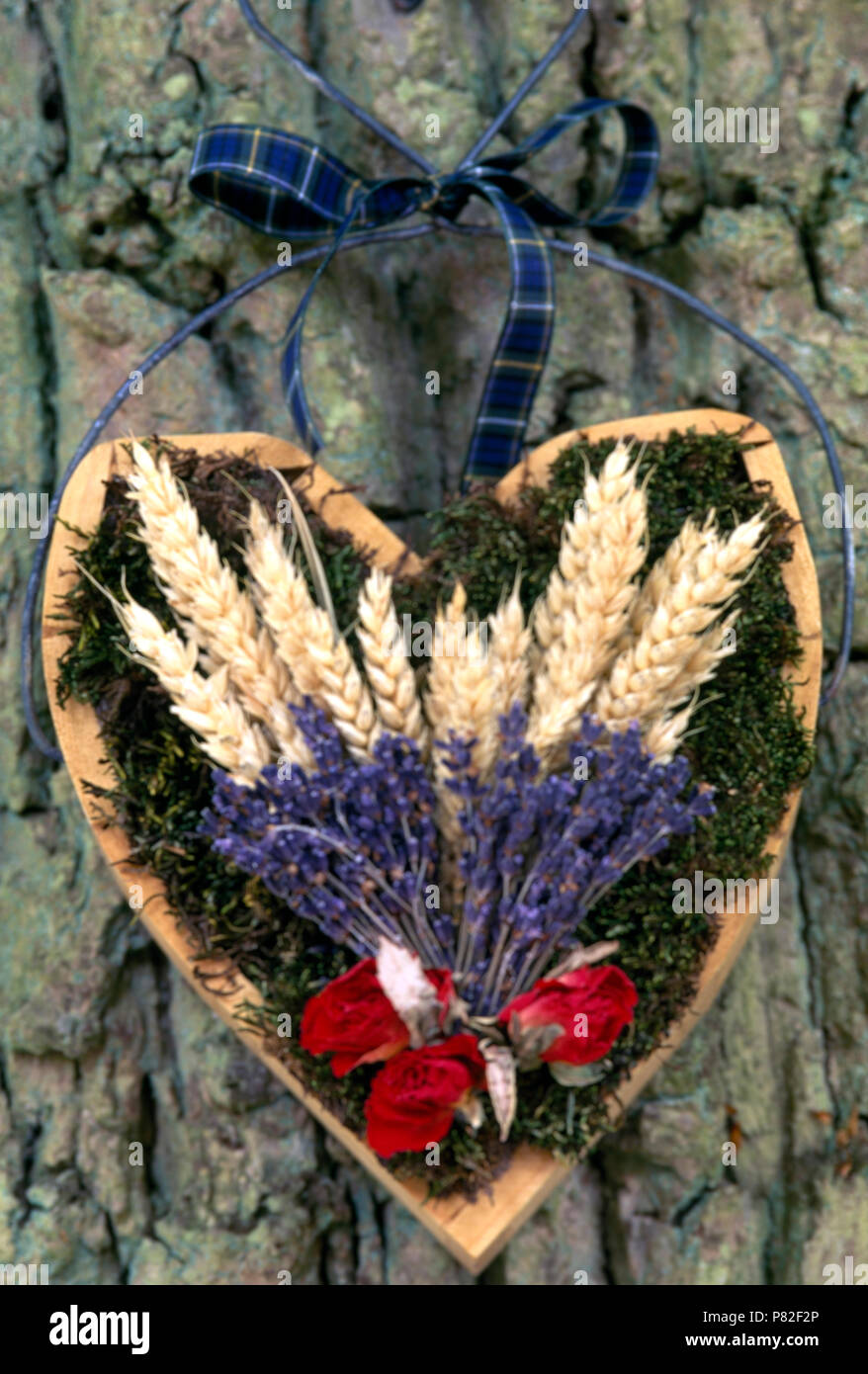 Close-up di un cuore essiccato a forma di corona di fiori con rose rosse e lavanda Foto Stock