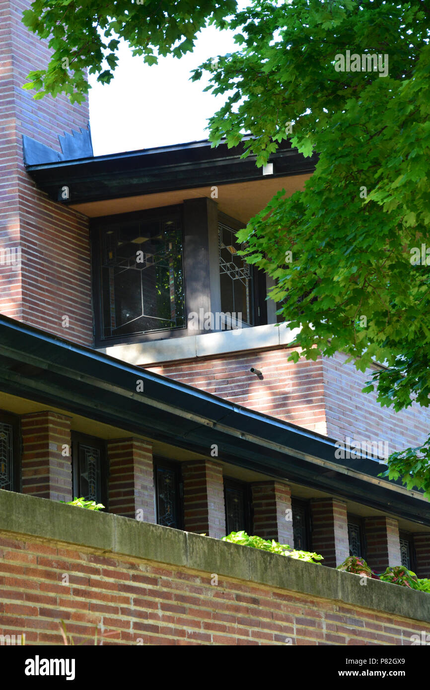 Particolare della facciata esterna di Frank Lloyd Wright progettato Robie House a Chicago's Hyde Park quartiere. Foto Stock