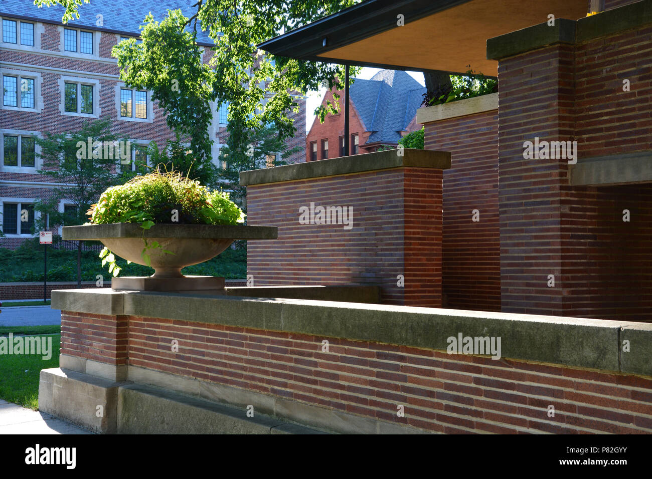 Particolare della facciata esterna di Frank Lloyd Wright progettato Robie House a Chicago's Hyde Park quartiere. Foto Stock