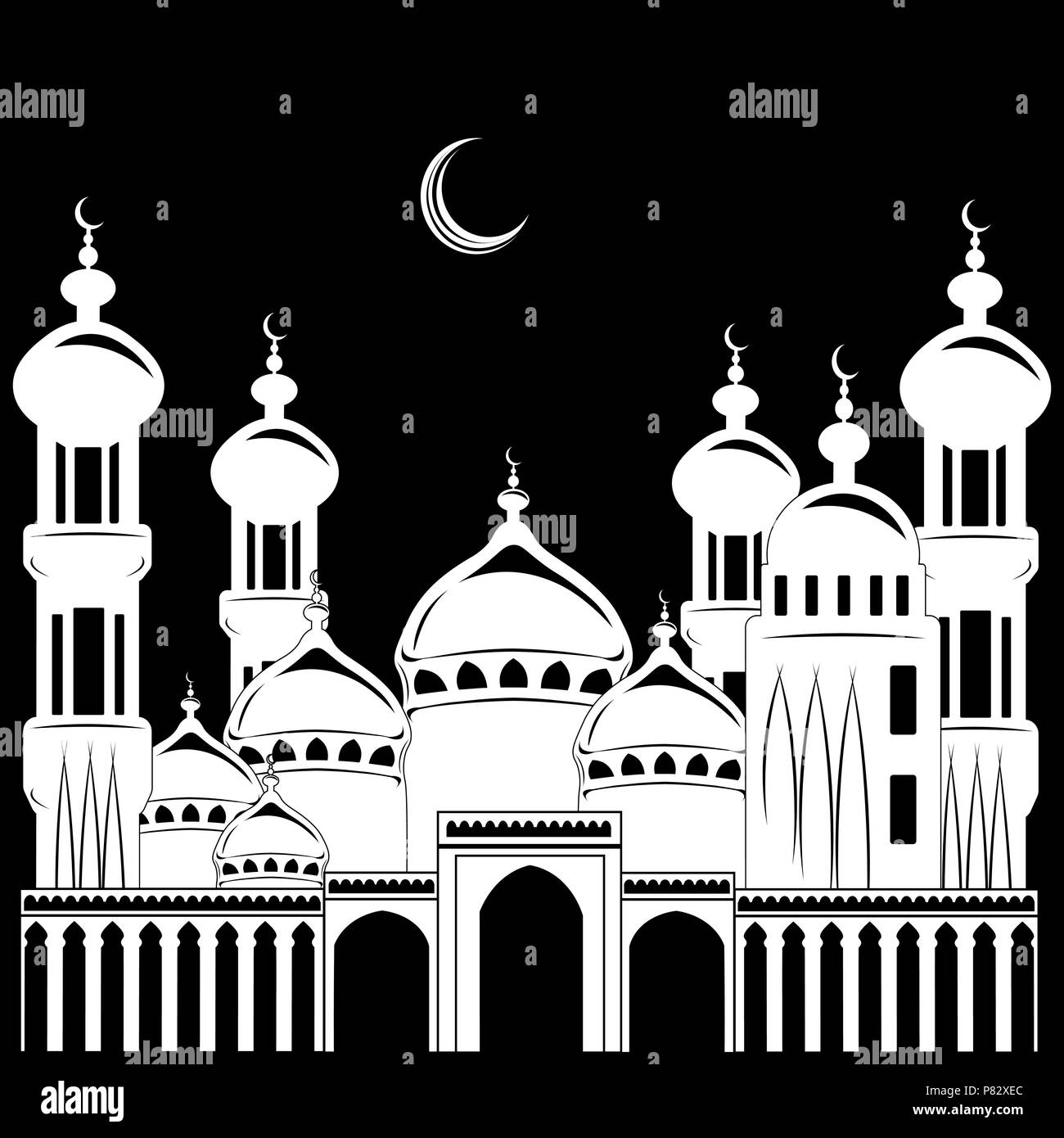 Illustrazione Vettoriale, silhouette edificio moschea, sfondo torre nighty, luna Illustrazione Vettoriale