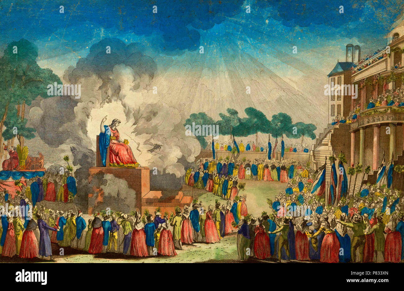 Vista del giardino nazionale e decorazioni, il giorno della festa celebrata in onore dell'Essere Supremo (Festival dell'Essere Supremo) - 1794 Foto Stock