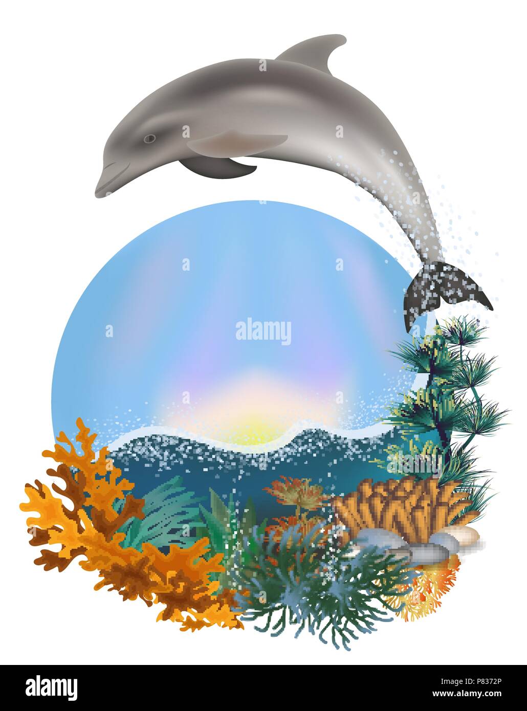 Sunrise subacquea card con Dolphin e palm , illustrazione vettoriale Illustrazione Vettoriale