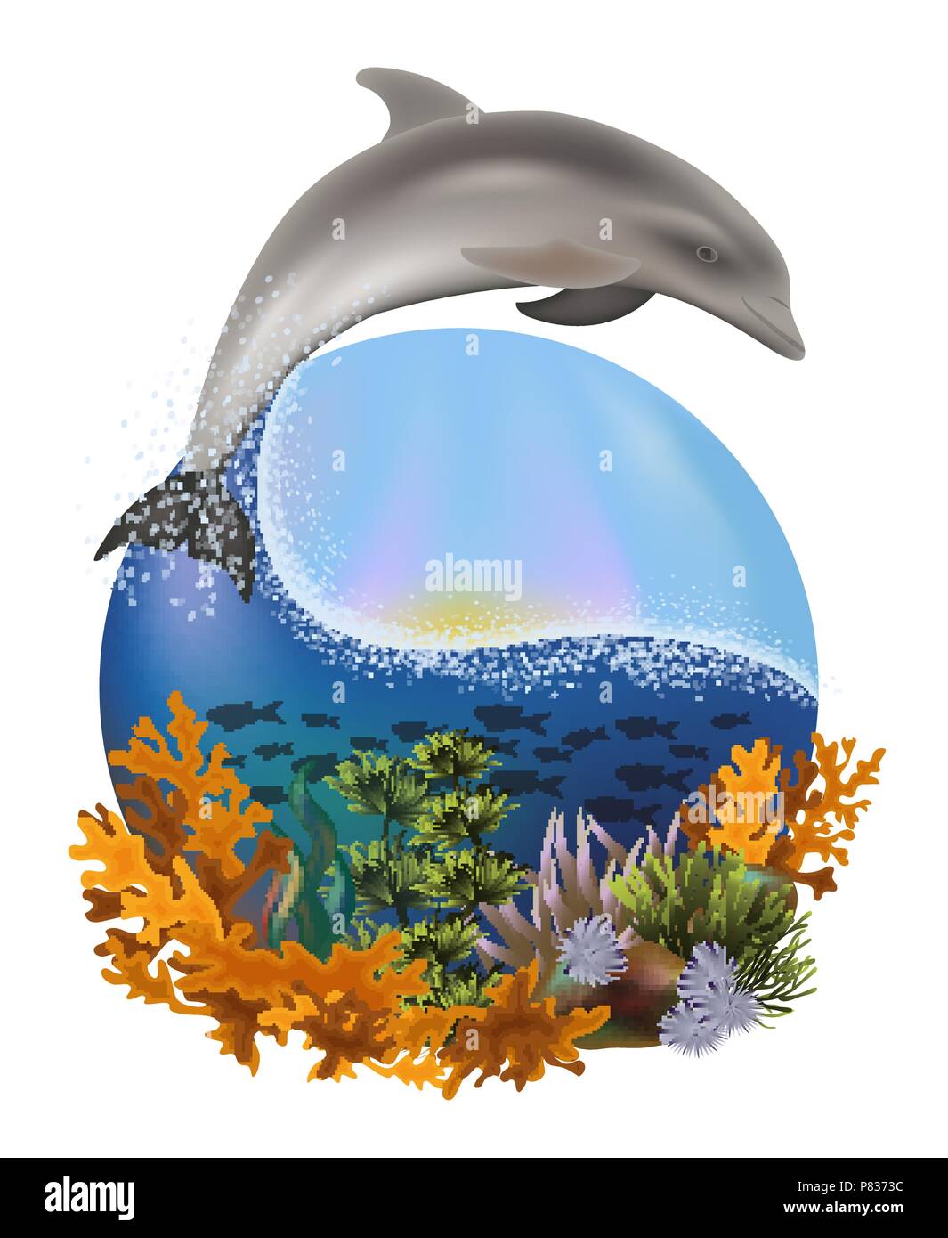 Sunrise subacquea card con Dolphin e palm , illustrazione vettoriale Illustrazione Vettoriale