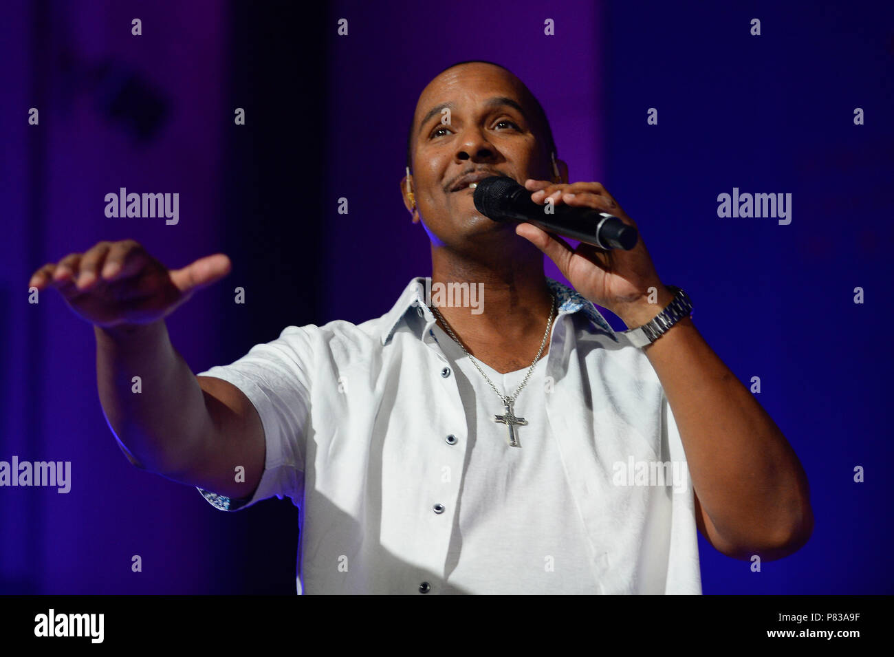 Cracovia in Polonia. 8 Luglio, 2018. Secondo tenore David Thomas da American Grammy Award assegnato band, prendere 6 compie durante il Summer Jazz Festival di Cracovia. Credito: Omar Marques/SOPA Immagini/ZUMA filo/Alamy Live News Foto Stock
