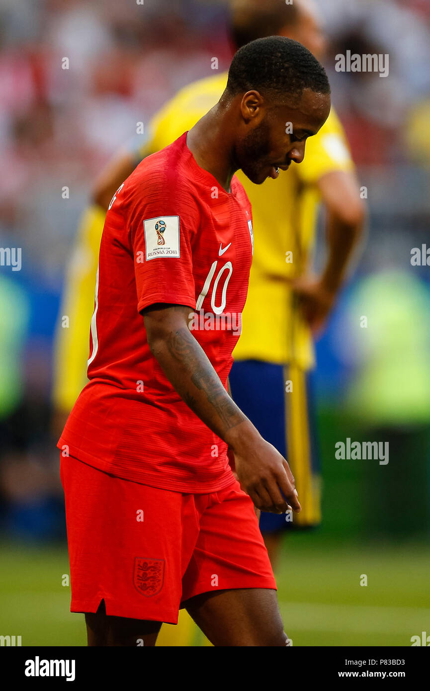Samara, Russia. 7 Luglio, 2018. Raheem Sterling di Inghilterra guarda sconsolato durante il 2018 FIFA World Cup Quarti di Finale match tra Svezia e Inghilterra a Samara Arena il 7 luglio 2018 a Samara, Russia. (Foto di Daniel Chesterton/phcimages.com) Credit: Immagini di PHC/Alamy Live News Foto Stock