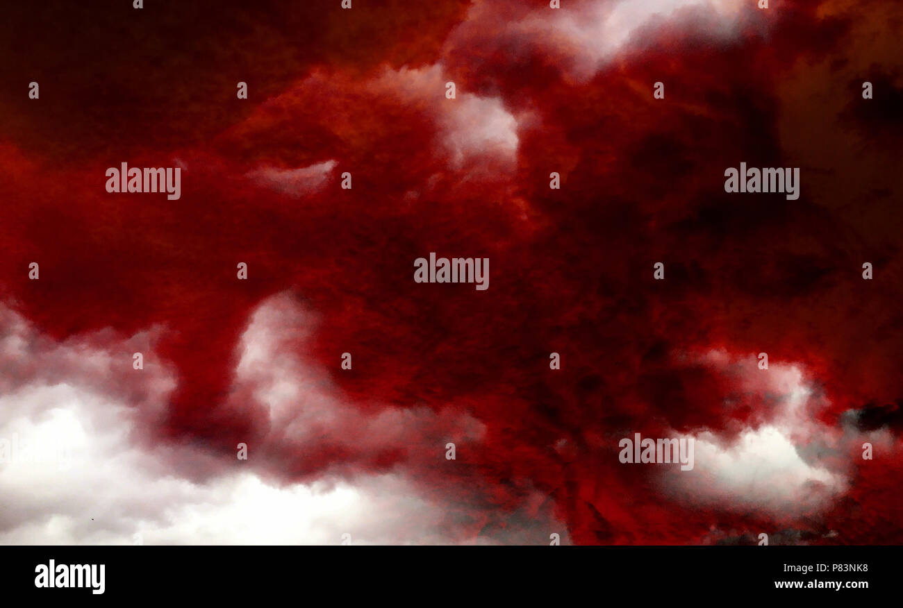 Sfondo digitale arte di rosso le nuvole di colore fatta con photo collage tecnica. Foto Stock