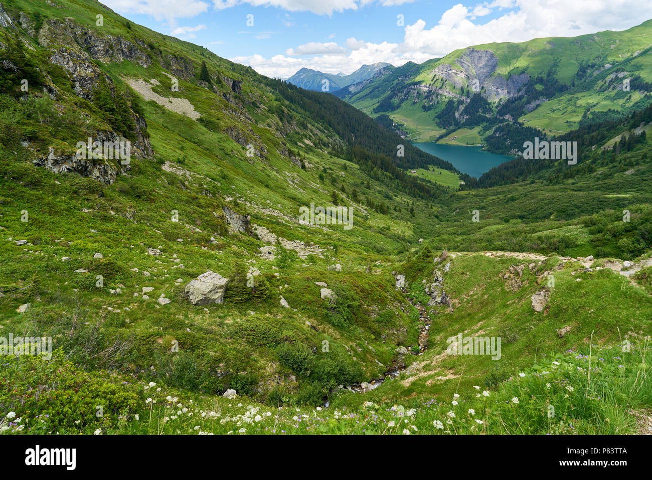 Idilliaco lago di montagna nelle Alpi francesi in estate Foto Stock