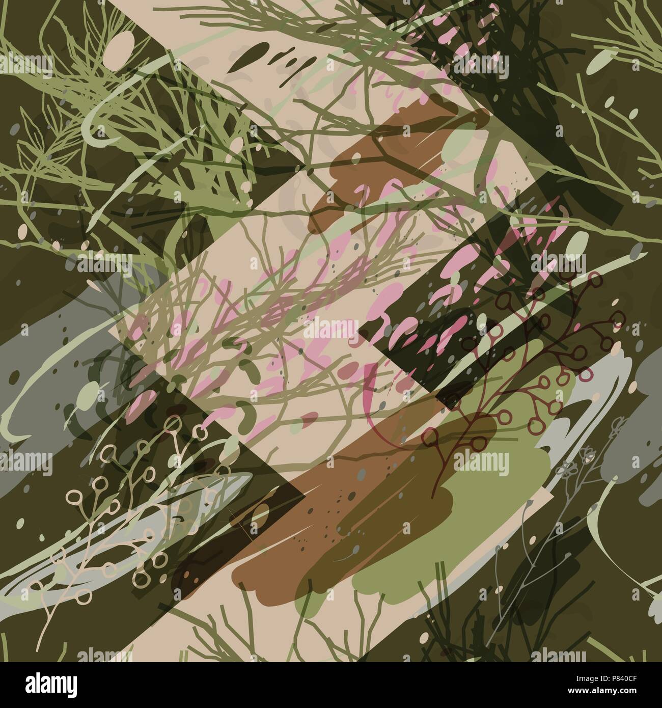 Militari di camuffamento di texture con alberi, rami, erba e acquerello macchie Illustrazione Vettoriale