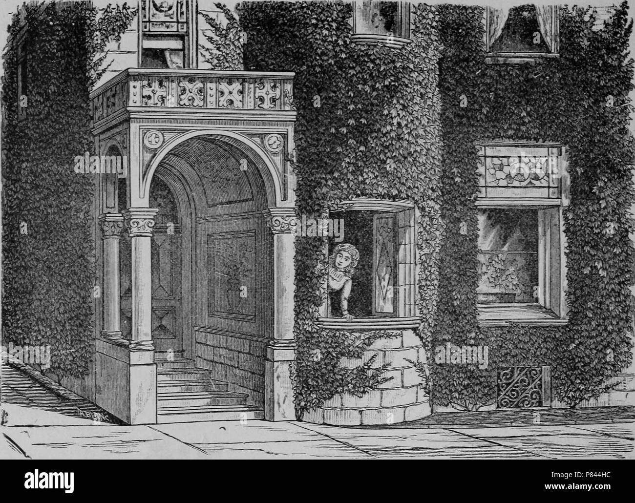 Ragazza guardando fuori dalla finestra della vecchia casa ricoperti di edera, migliorate digitalmente incisione, 1899. La cortesia Internet Archive. () Foto Stock