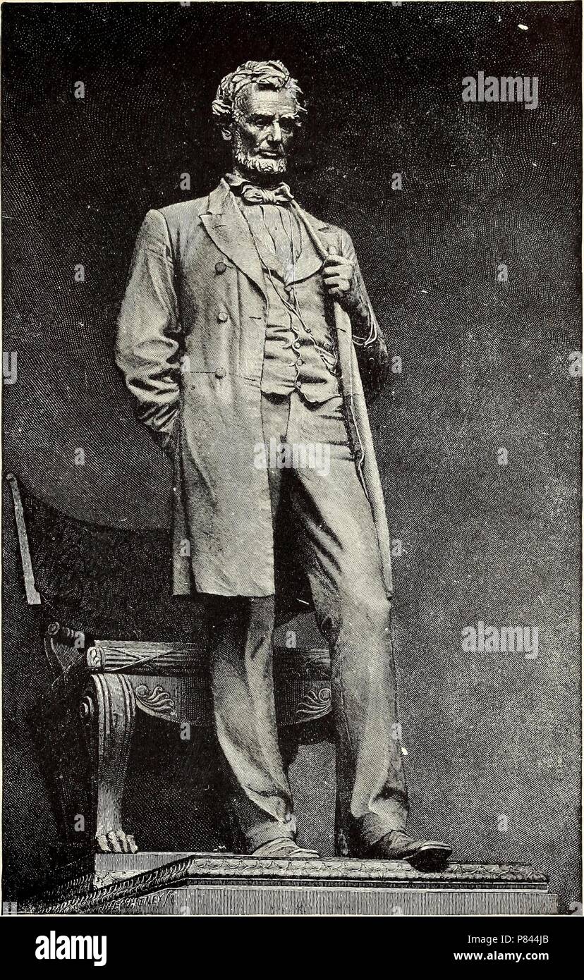 Bianco e nero incisione su legno da Augusto St Gaudens, raffigurante un full-length Statua di Abraham Lincoln a Chicago, Lincoln indossa un lungo abito incamiciato con un gilet e il filtro bow tie, e si erge nel contrapposto pongono di fronte a un legno intagliato poltrona, la sua testa leggermente inclinato verso il basso con una mano in tasca e gli altri che impugnano la sua giacca, 1894. La cortesia Internet Archive. () Foto Stock