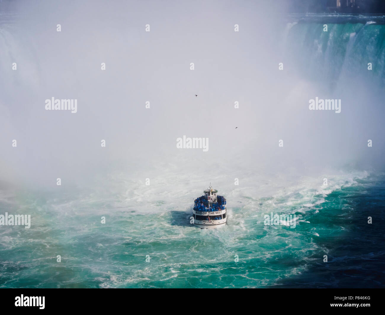 La Domestica della Foschia nella parte anteriore del ferro di cavallo cade, Niagara Falls, Canada su un cielo blu chiaro giorno Foto Stock