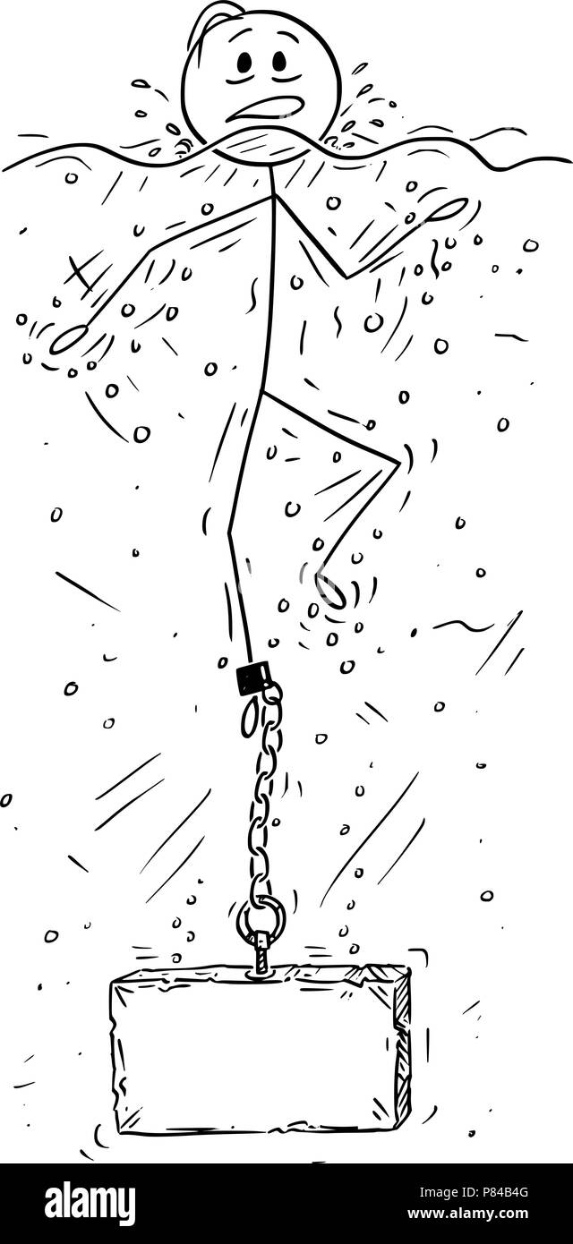 Cartoon di uomo o imprenditore annegamento con pietra o calcestruzzo peso incatenato al suo gamba Illustrazione Vettoriale