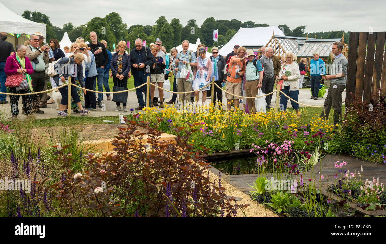 Vista persone fiori colorati e acqua in funzione bella prize-winning giardino, i grandi spazi aperti - RHS Chatsworth Flower Show, Inghilterra, Regno Unito. Foto Stock