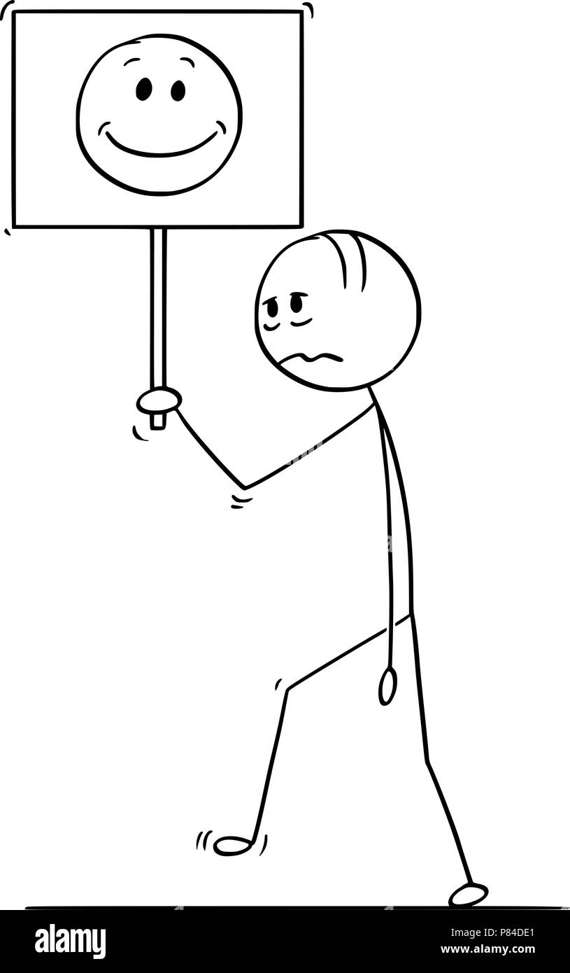 Cartoon di triste o premuto man o imprenditore a piedi con faccia sorridente sul segno Illustrazione Vettoriale
