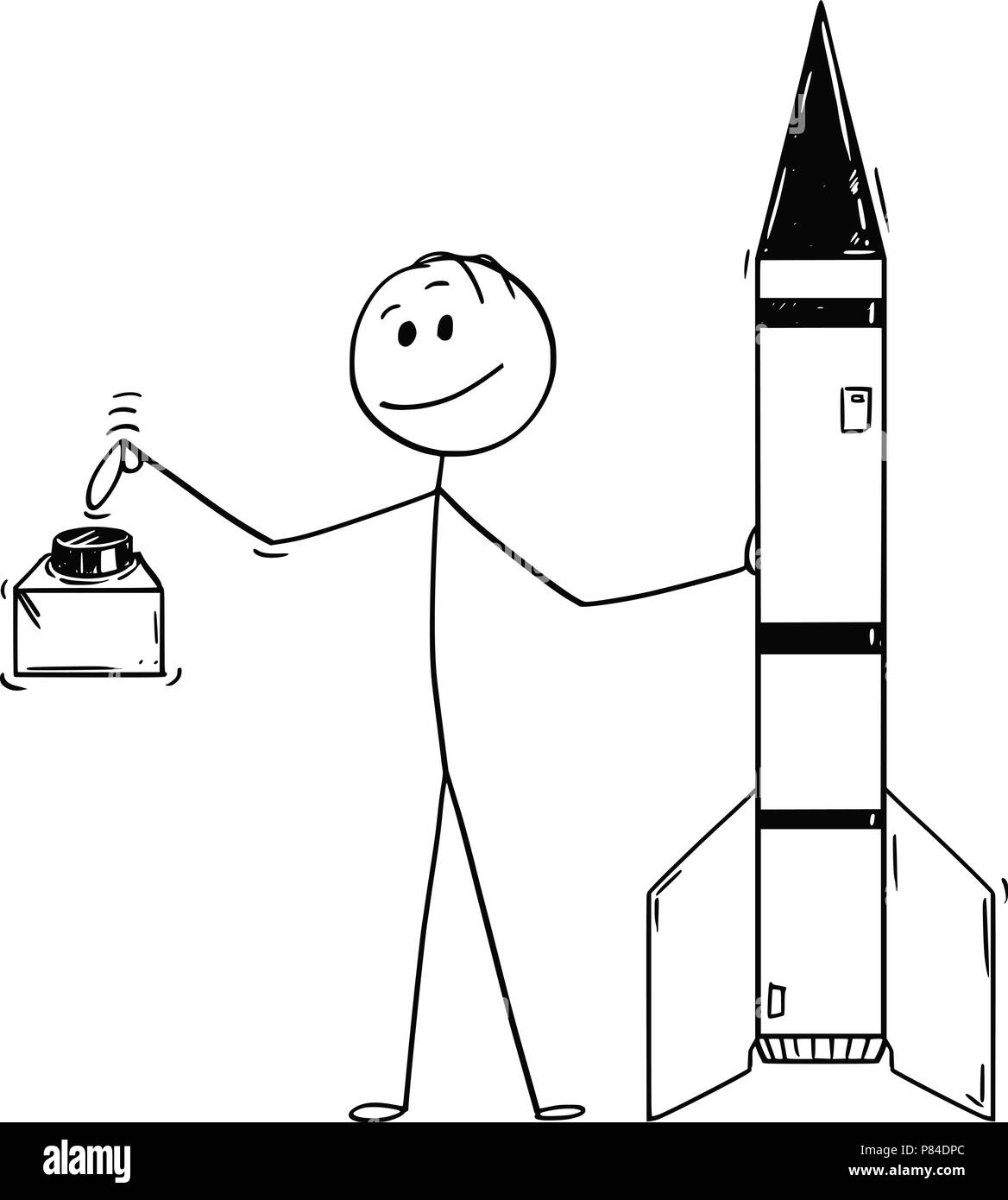 Cartoon del candidato appoggiato su di missile e pronto a spingere il pulsante rosso Illustrazione Vettoriale
