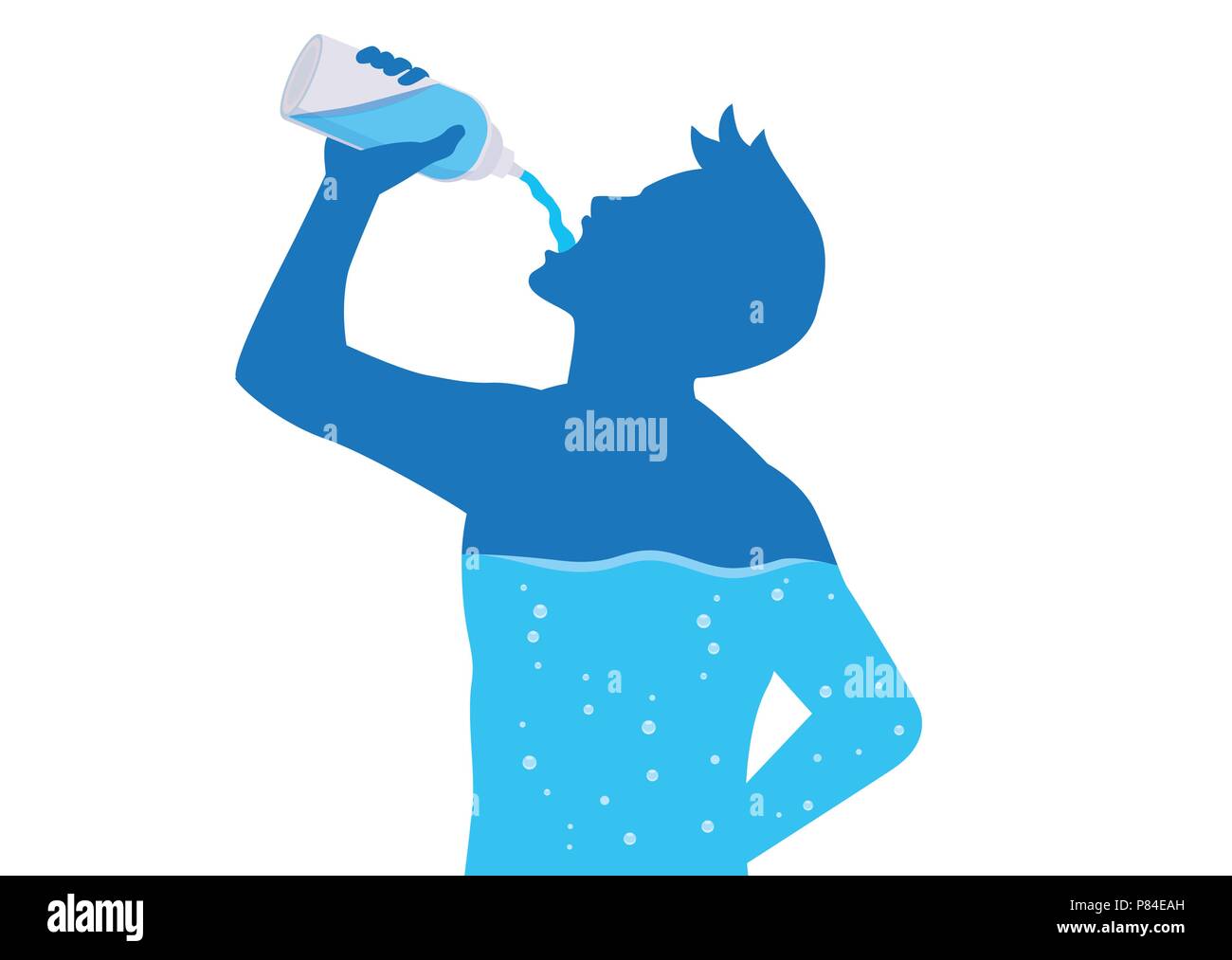Silhouette di uomo acqua potabile dalla bottiglia fluire nel corpo. Illustrazione Vettoriale