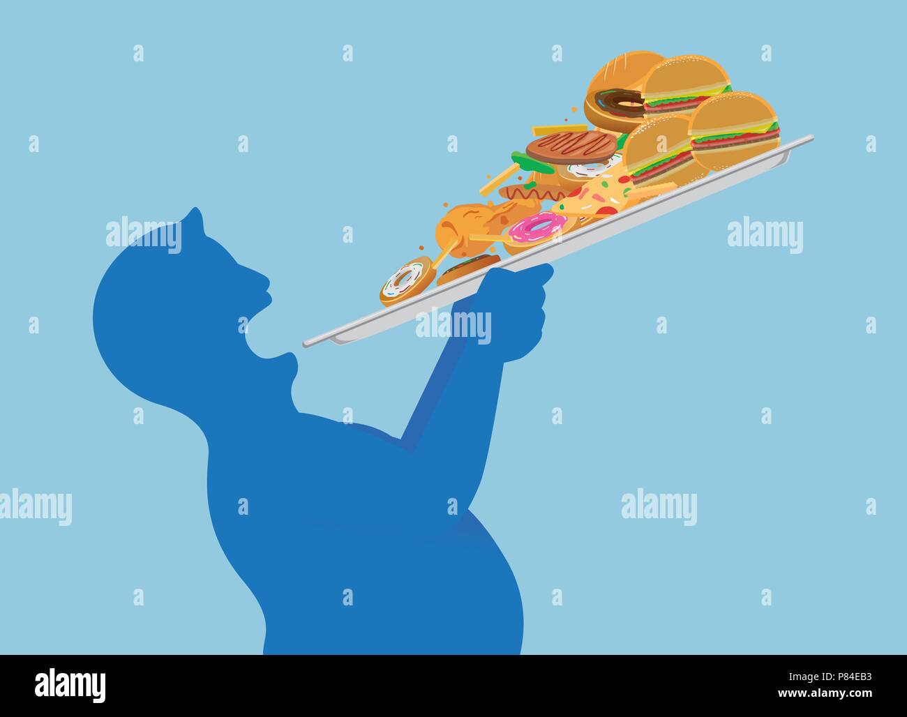 Fat Man tenta di divorare tutto il cibo spazzatura in una sola volta con il sollevamento di un vassoio. Illustrazione Vettoriale