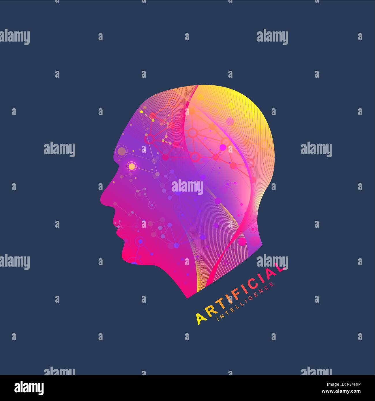 Il futuristico di intelligenza artificiale e macchina il concetto di apprendimento.. Grande umana per la visualizzazione di dati. Flusso d'onda di comunicazione scientifica, illustrazione vettoriale. Illustrazione Vettoriale