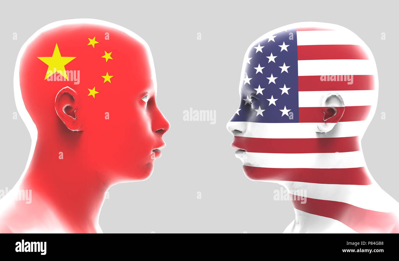 America US Tariffe la scintilla della guerra commerciale con la Cina le merci. Intelligenza artificiale la tecnologia di apprendimento automatico concetto. Il rendering 3d. Foto Stock