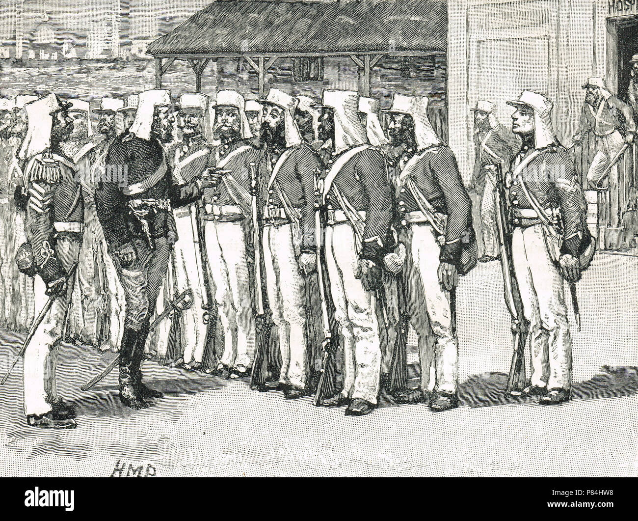 Soldati malati, lasciando ospedale di propria iniziativa, il reporting per il dazio e che rifiuta di essere ordinato indietro, con l'assedio di Lucknow, Indiano la ribellione del 1857 Foto Stock
