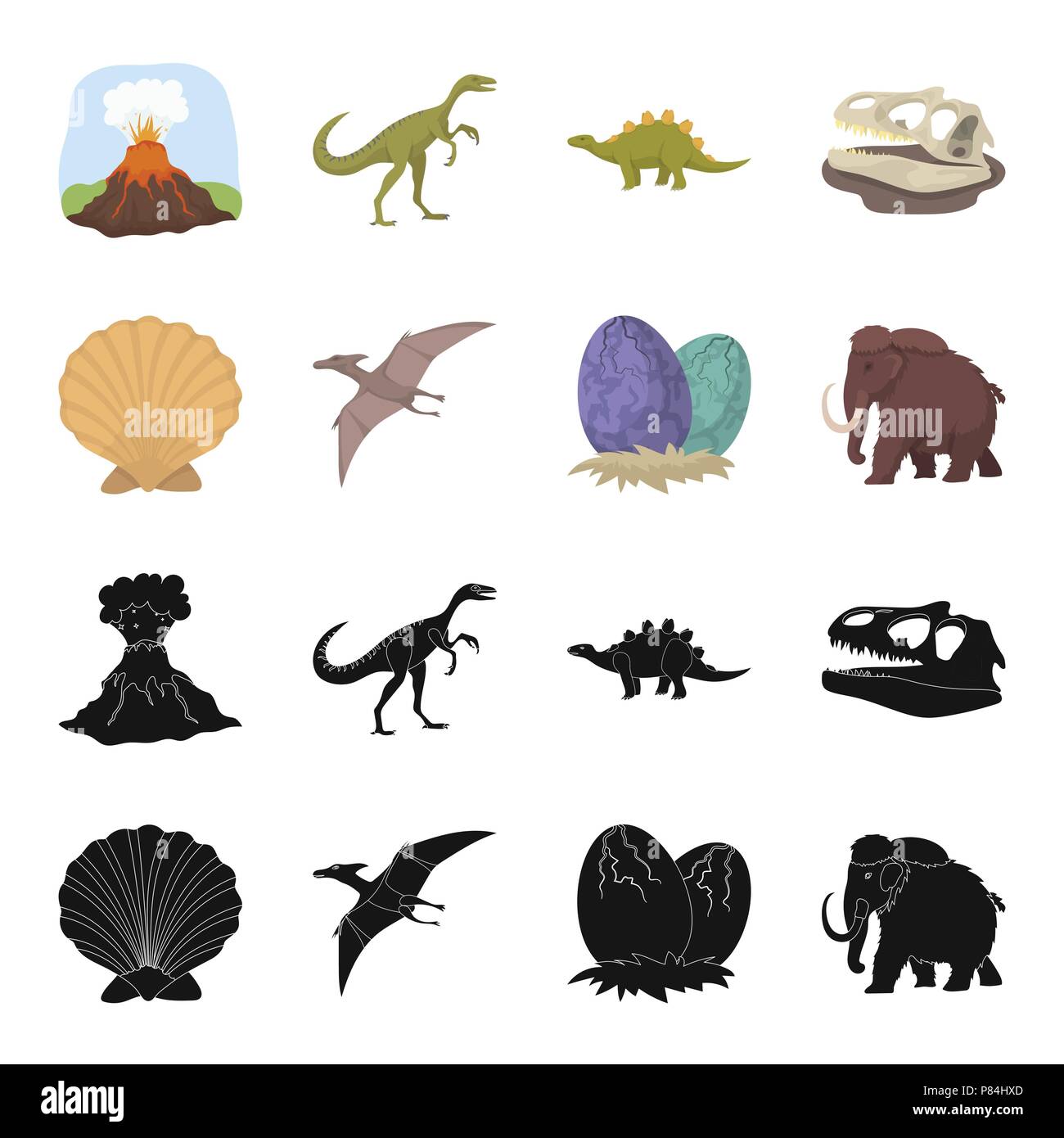 Guscio di epoca preistorica, uova di dinosauro,pterodactyl, Mammoth. Dinosauro e periodo preistorico set di icone di raccolta in nero,cartoon stile simbolo di vettore di stock Illustrazione Vettoriale