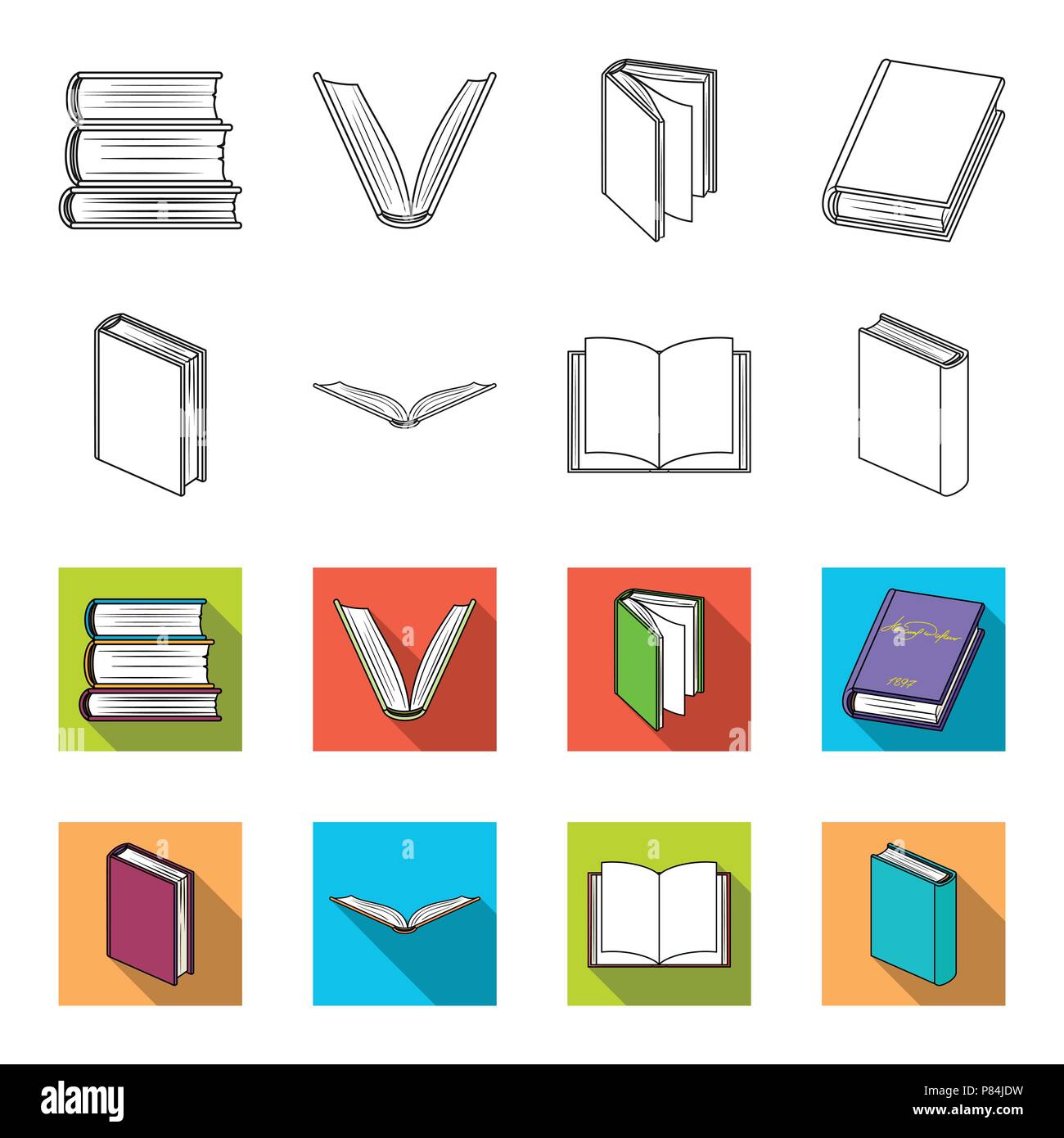 Vari tipi di libri. Libri set di icone di raccolta in profilo,flet stile simbolo vettore illustrazione stock . Illustrazione Vettoriale