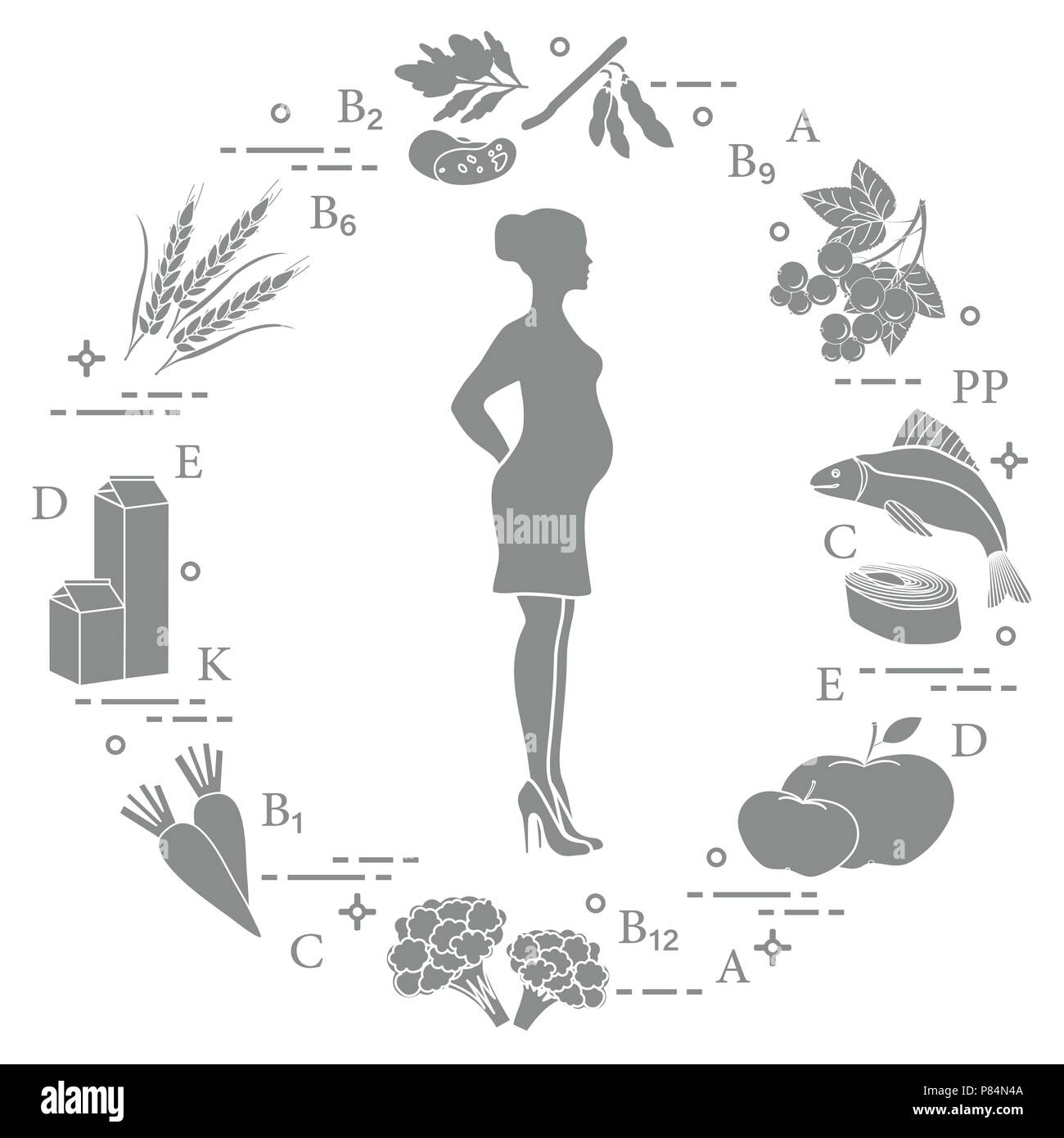 Donna incinta e di cibi ricchi di vitamine utili per le donne in gravidanza. Pesci, mele, cavolfiore, carote, prodotti lattiero-caseari, il ribes nero, soia, siamo Illustrazione Vettoriale