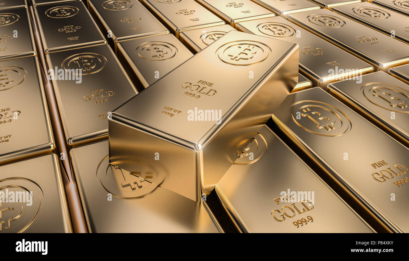 Golden bitcoin lingotto 3d rendering immagine Foto Stock