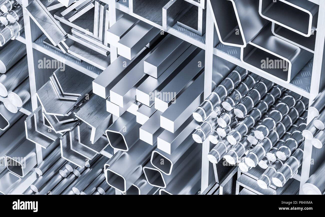 Barra di metallo e profilo, diversi tipi, 3d rendering immagine Foto Stock