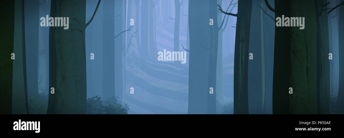 Misty fantasy forest, blu banner orizzontale Foto Stock