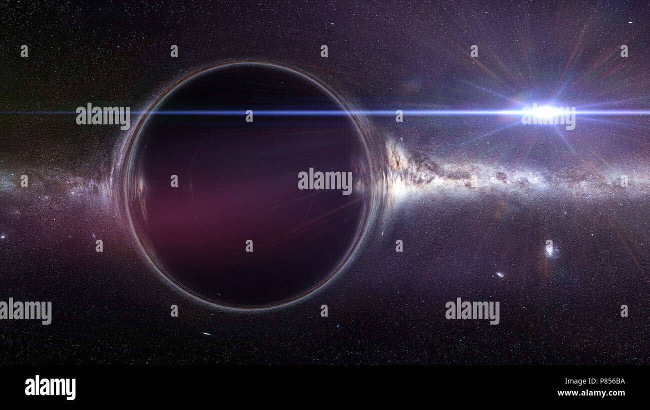 Buco nero con lente gravitazionale effetto e la Via Lattea Foto Stock