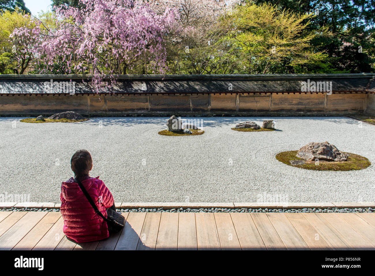 I turisti giapponesi godetevi la tranquillità presso il Tempio di Ryoanji a Kyoto, in Giappone. Questo Zen tempio Buddista è famosa per il suo giardino di roccia. Foto Stock